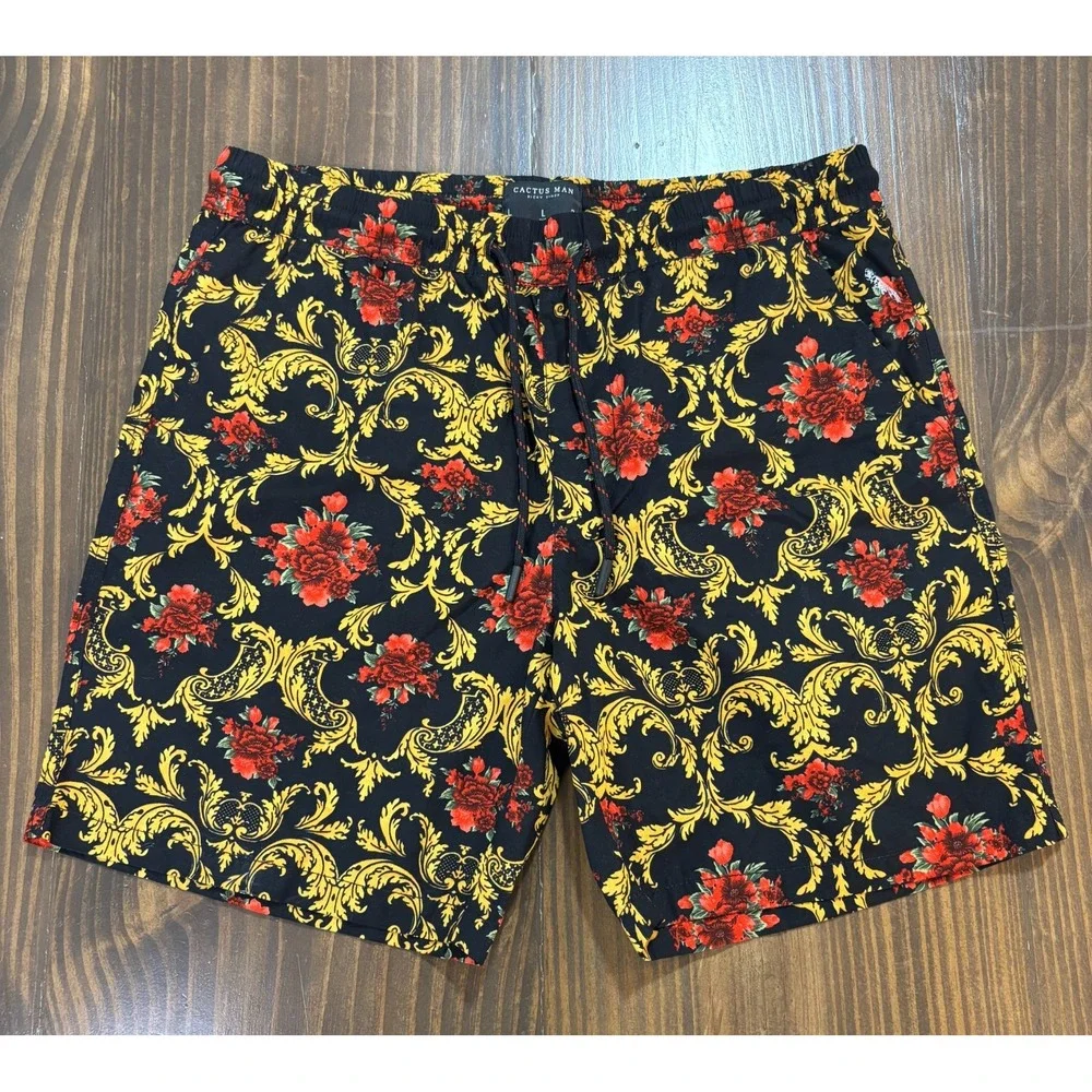 CACTUS MAN Ricky Singh Mens Large Black‎ Gold Red Floral Drawstring Shorts
